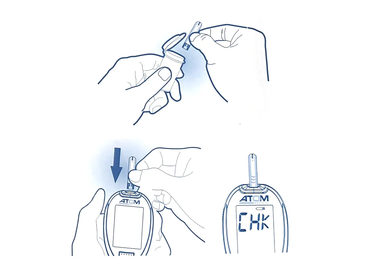 ATOM AT-600 Glucometer How to use - step 3 - Insert the test strip to turn on the meter